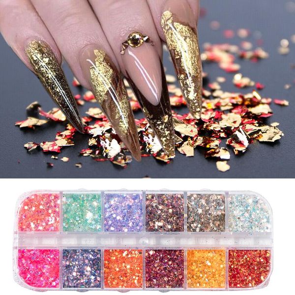 

nail glitter 12 grids sequins paillette aluminum irregular flakes gold silver pigment art decoration mirror foil paper, Silver;gold