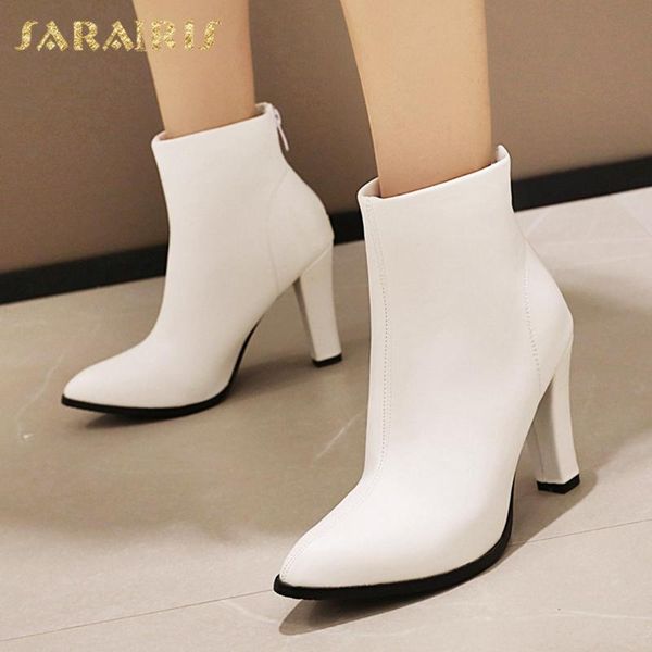 

sarairis fashion new plus size 45 chunky high heels ankle boots women shoes zip up concise black white shoes ladies boots