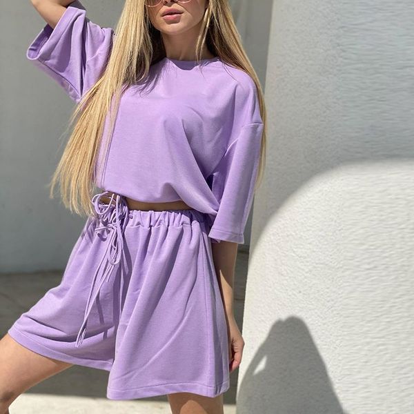 

normov summer sets women solid o neck half sleeve and high elastic waist bandage shorts cotton suit casual loose sets mujer, Gray