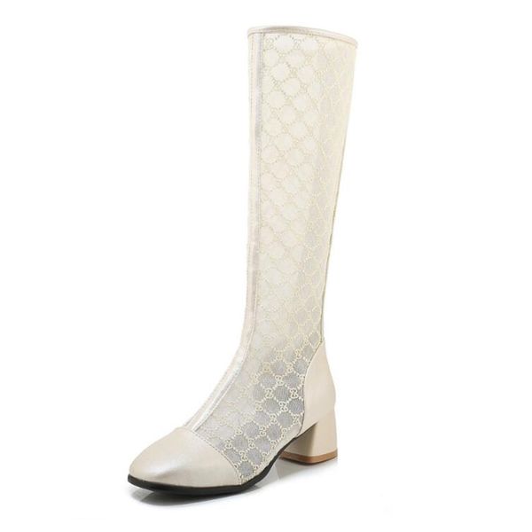 

summer women's long boots casual comfort chunky heel fashion mesh lace knee high cool boots for women black white shoes