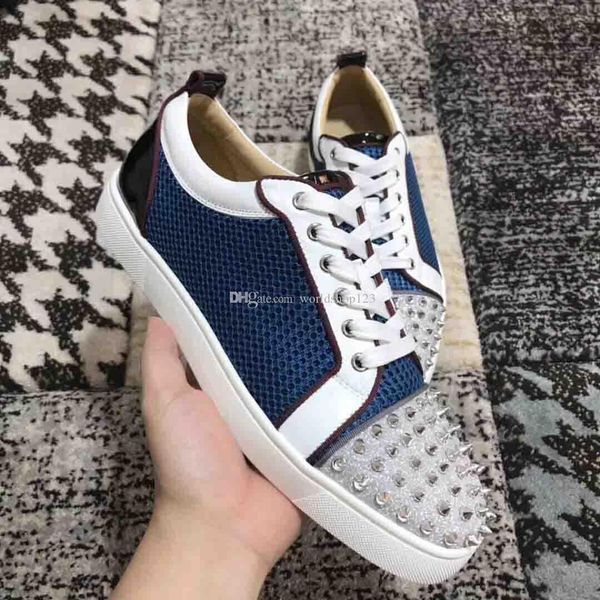 

france paris man red bottom spikes sneaker with blue breathable leather sneakers shoes junior mix spiked wedding casual trainers, Black