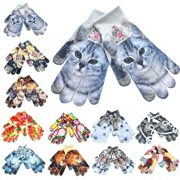 

new 1pair warm 3d print knitted touch gloves men women gloves touch screen glove knitted multicolor, Blue;gray