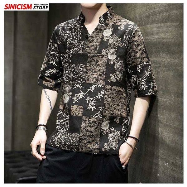 

sinicism store 2020 men casual cotton linen tshirts men short sleeve printed summer loose tshirts male clothing chinese style, White;black
