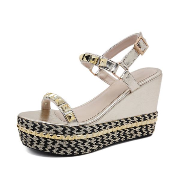 

gold rivet wedge sandals women summer shoes fashion high sandals women shoes comfortable platform, Black