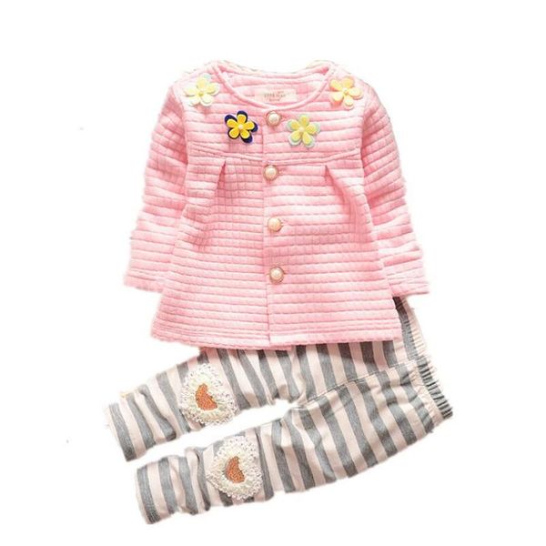 

1 2 3 4 years cute girl clothes sets for children autumn long sleeve flowers jacket+striped pants toddler girls baby suit kg-168, Pink;blue