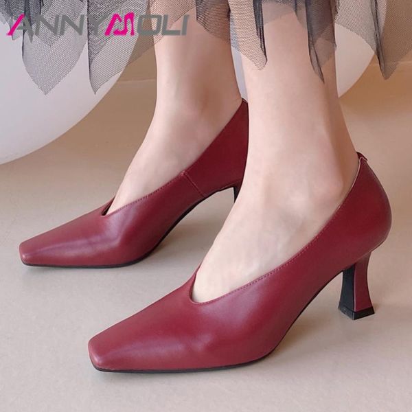 

annymoli обувь женщины из натуральной кожи высокой пятки перчатки pumps площади toe шпильках платье lady обувь осень черный размер 40, Black