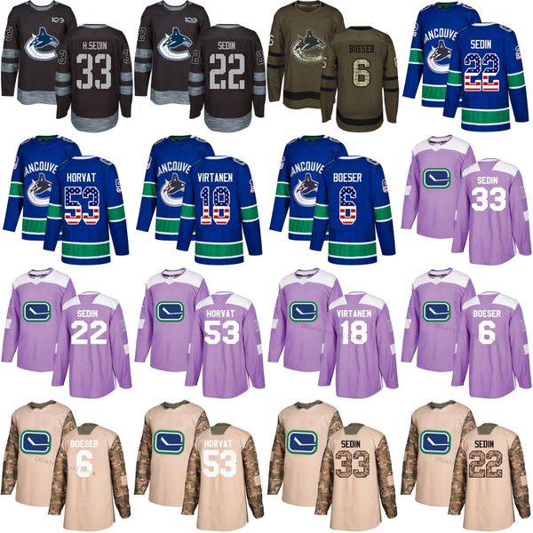 

mens 2018 vancouver canucks 6 brock boeser 18 jake virtanen daniel sedin henrik sedin bo horvat fashion hockey jersey salute usa flag purple, Black;red