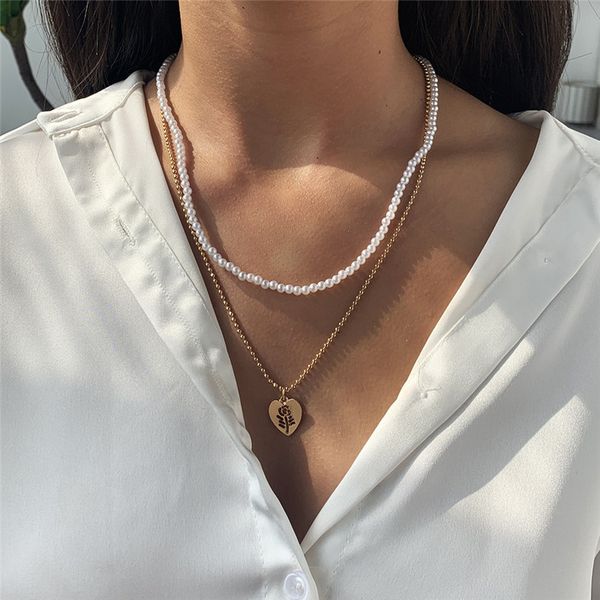

new pearls choker double chain necklace female gold color heart leaf pendant necklaces for women 2020 fashion jewelry, Silver