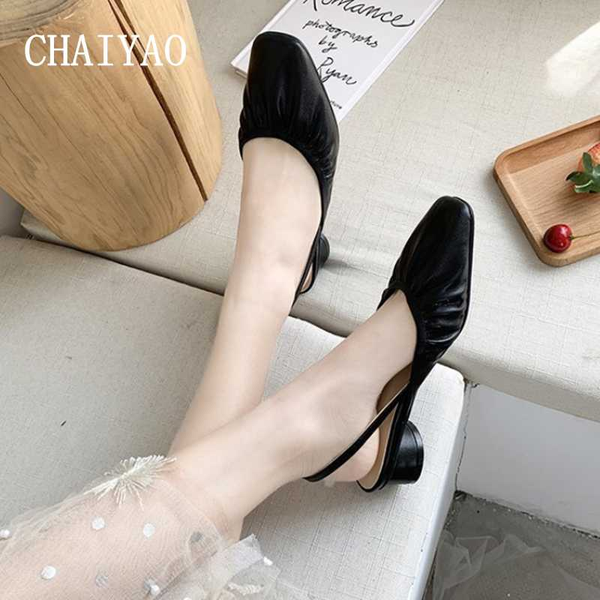 

low heel women's sandals 2020 summer pleated pu leather slip-on female shoes fashion square head soft round heels women footwear, Black