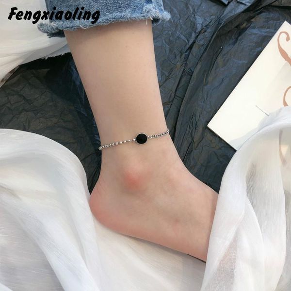 

fengxiaoling new fashion 100% genuine 925 sterling silver black drop glaze round beads anklets for women fine cute jewelry 2020, Red;blue
