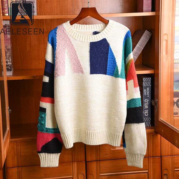 

aeleseen runway fashion autumn winter women sweater 2020 long lantern sleeve knitted geometric print party holiday sweater, White;black