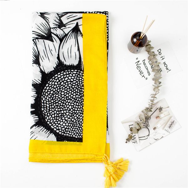 

2020 lady cotton shawl autumn and winter hijab scarf beach blanket silk scarf yellow print women's cotton material tassels, Blue;gray