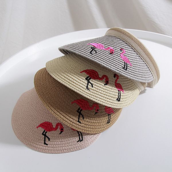 

empty straw hat korean version of women's summer sun-proof sun hat beach flamingo embroidered, Blue;gray