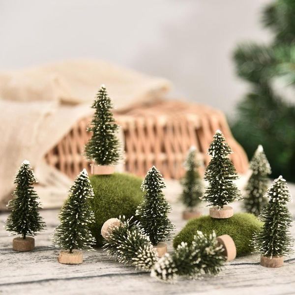 

12pcs small diy christmas tree fake pine tree mini sisal bottle brush christmas santa snow frost village house decoration