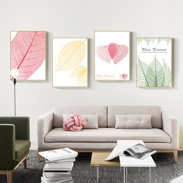 

póster de planta de acuarela y pintura en lienzo impreso, hojas verdes amarillas y rojas, arte mural nórdico, cuadro decorativo para sala de