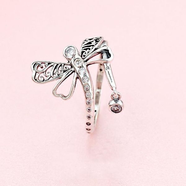 

19 clear cz diamond 925 sterling silver wedding ring set original box for pandora dreamy dragonfly ring women girls gift jewelry, Slivery;golden