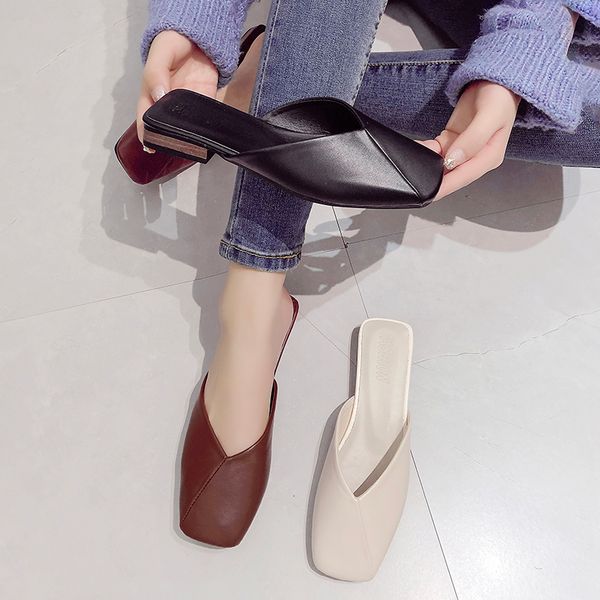 

shoes womens slippers outdoor cover toe pantofle slides fashion low soft 2020 flat luxury pu rubber fabric hoof heels rome, Black