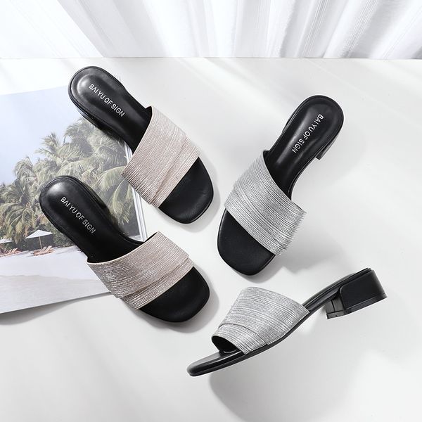 

2020 summer slip on slippers women solid sequined cloth bling crystal sandals square med 3.5cm high heel flip flops shoes woman, Black