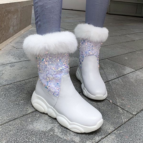 

boots ymechic 2021 fashion bling sequin faux fur warm plush thicker wedges shoes for women white black gray ankle snow winter