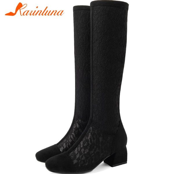 

karin big size 32-43 new ladies party boots fashion hollow summer boots women chunky high heels mid calf shoes woman, Black