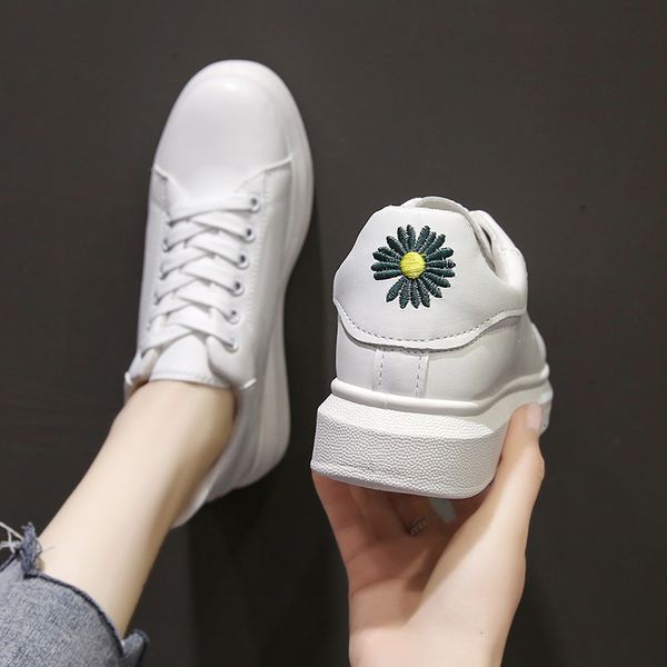 

2020 embroidery women sneakers tenis feminino lace-up white shoes woman pu leather solid color female shoes casual women shoes, Black