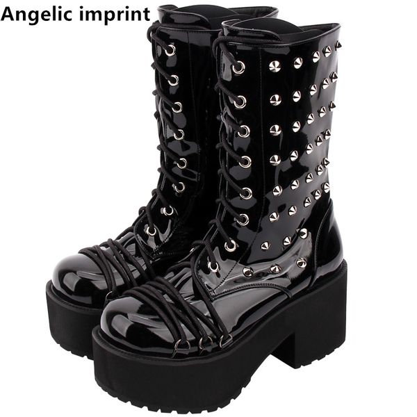 

angelic imprint handmade mori girl women motorcycle punk boots lady lolita boots woman high trifle heels pumps shoes rivets 8cm, Black