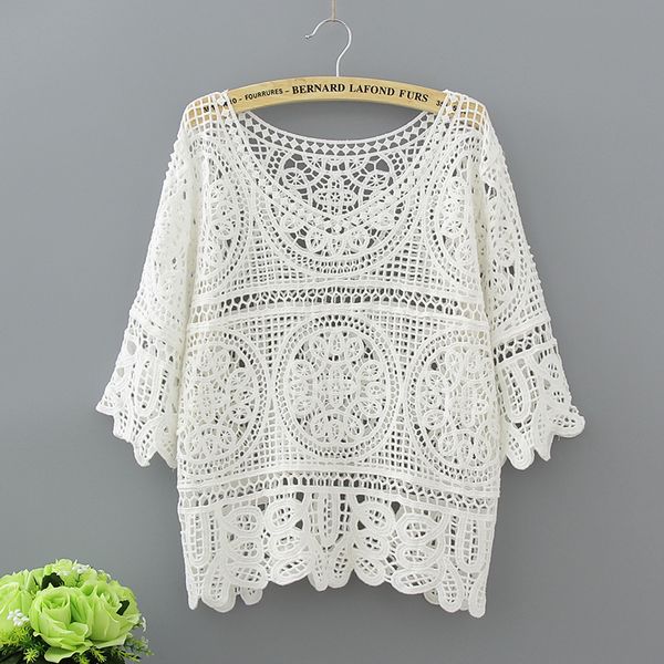 

korean white female blouses plus size women lace summer bikini crochet beach swimsuit cover up womens shirts gothic blusas