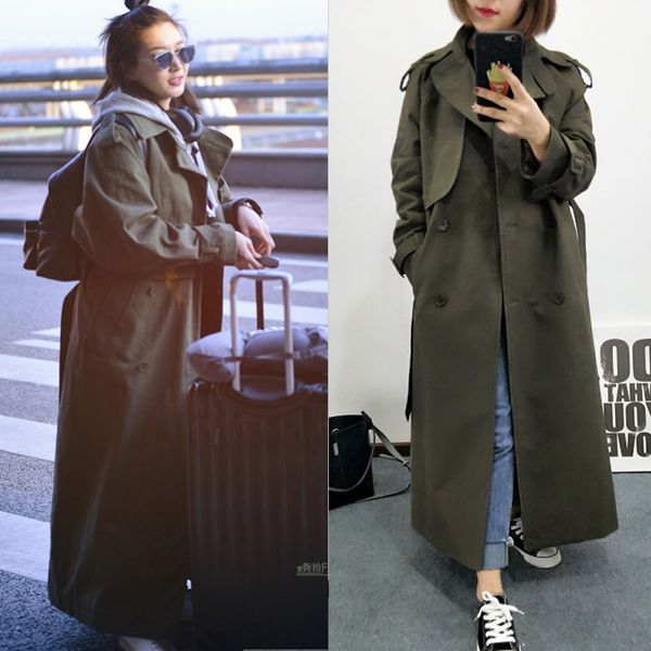

new fashion 2020 fall autumn casual double breasted turn down collar classic long trench coat with belt chic female windbreaker, Tan;black
