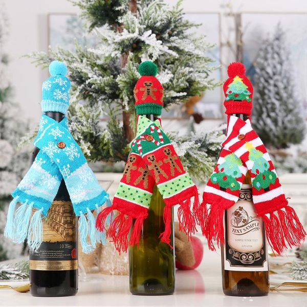 

christmas knitted scarf and hat set champagne red wine bottle tableware decorations for home santa claus hat merry christmas