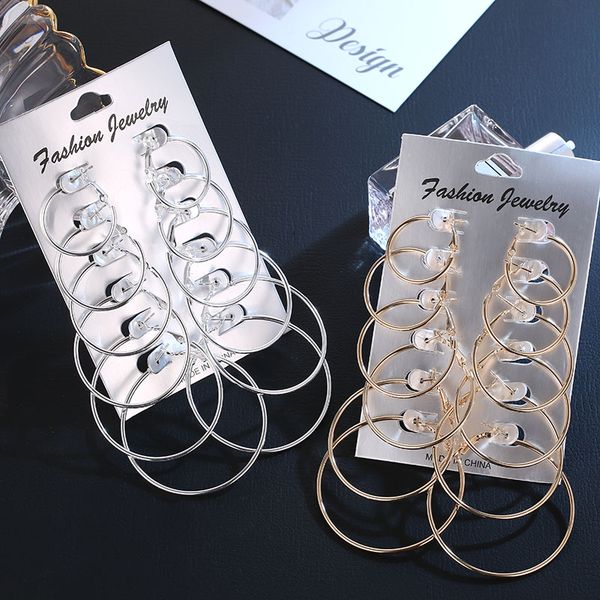 

oathyan 6 pairs/set classic round hoop earrings for women party jewelry punk small oversize big circle earring set ladies gifts, Golden;silver