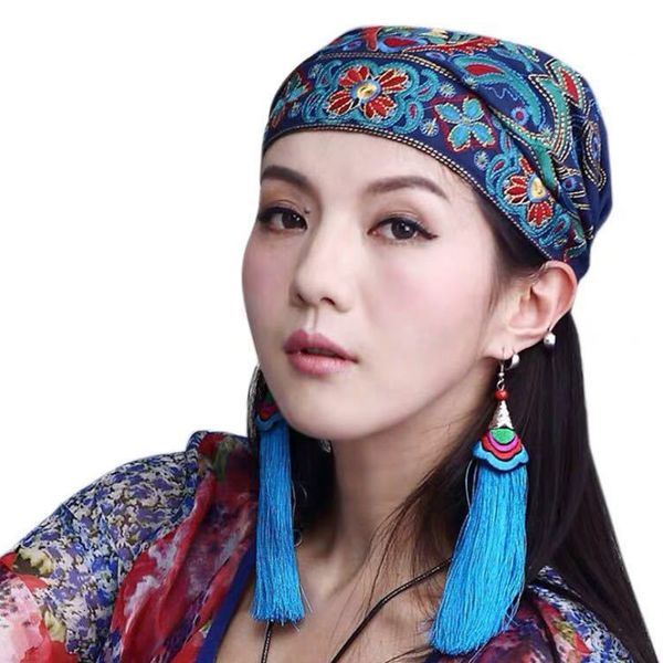 

женщины этнические шапочки урожай вышивка цветы банданы синие печати головные уборы для женщин шапочки шляпы 9 цветов, Blue;gray