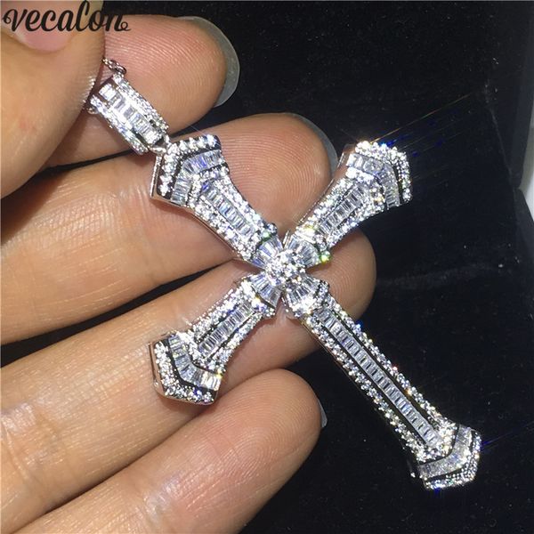 

vecalon handamde long cross pendant 925 sterling silver 5a cz stone cross pendant necklace for women men party wedding jewelry