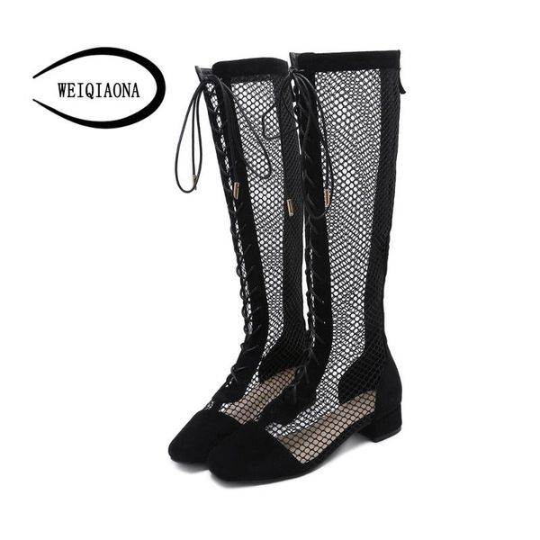 

weiqiaona 2020 new women's shoes fishnet style mesh square toe knee-high boots ladies high heel sandals boots nightclub, Black