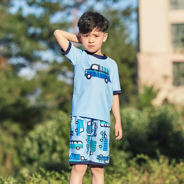 

little / big boys two piece swimsuits rash guard short sleeve cartoon bathing suit swimwear with hat sun surfing for kids