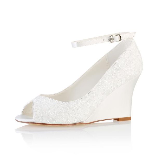 

satin 8 cm ankle strap white lace wedge wedding dress shoes, Black