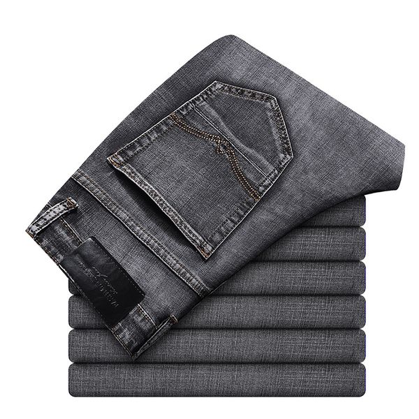 

men's jeans autumn winter classic style grey business fashion soft stretch denim trousers male brand fit pants black blue