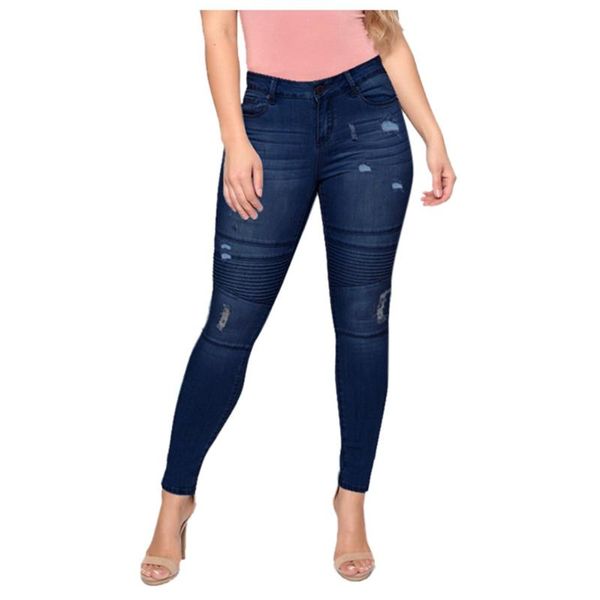 

women's jeans fashion womens stretch skinny ripped hole washed denim female slim jeggings high waist pencil pants trousers l42, Blue