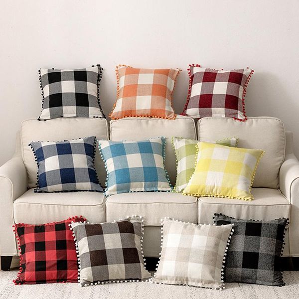 

18x18inch plaid decorative pillow cover with pompom ball classic check pillow case throw pillow cushion cover home decoration dbc vt1208