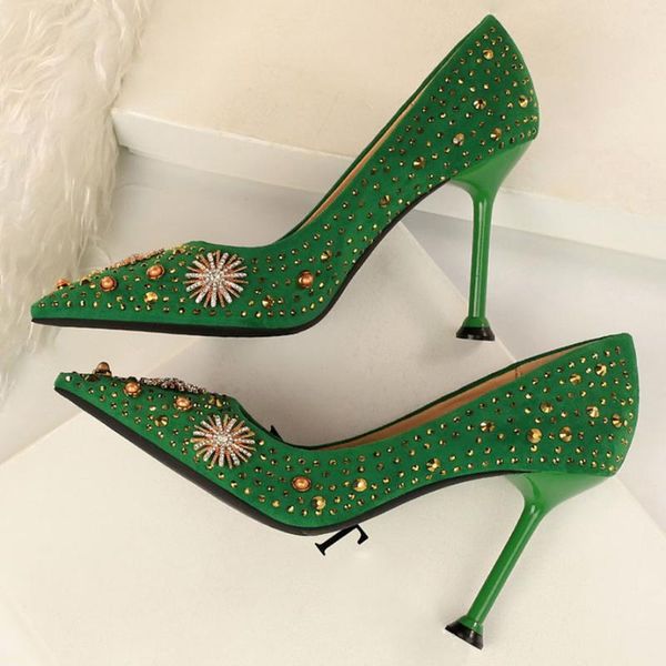 

2020 women 9.5cm high heels pumps plus size .5 pointed toe fetish lady elegant shoes rivets heels scarpins green blue pumps, Black