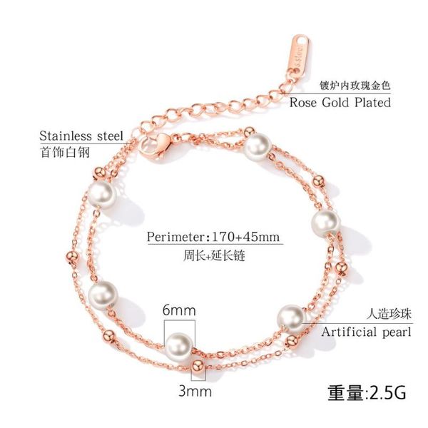

stainless steel simulated pearl charm bracelet double chain bracelets & bangles rose gold color elegant pearl beads jewelry, Black