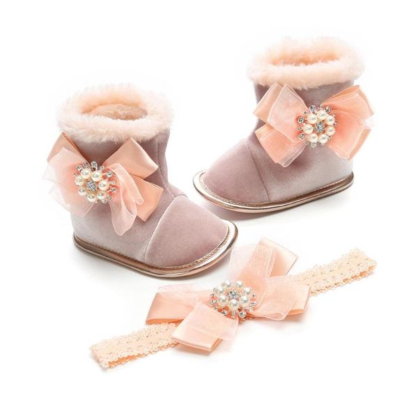 

baby girls 0-12m cute winter warm booties with bow infant prewalkers + headband soft 2pc set kids shoes choose sizes