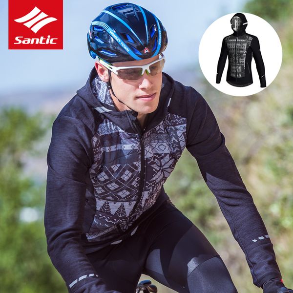 

santic men cycling road 3d layer hooded jacket winter warm windproof thermal fleece bicycle bike coats jacket cycling clothing, Black;red