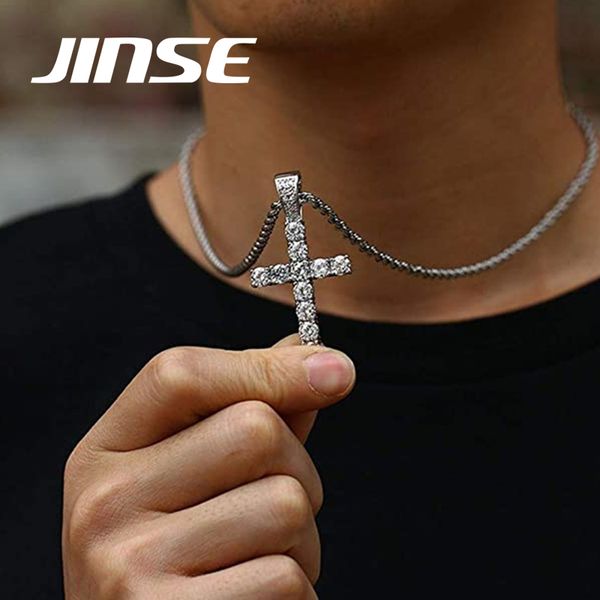 

jinse hip hop pico harvey cross pendant necklace micro pave + cubic zirconia egyptian style necklace 24" 30" chain, Silver
