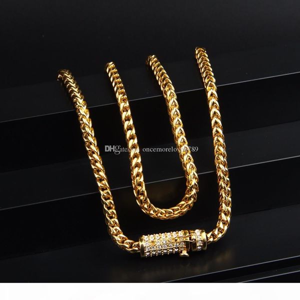 

30" mens hip hop necklace iced out 6mm gold stainless steel cuban box chain link necklace rhinestone clasp, Silver