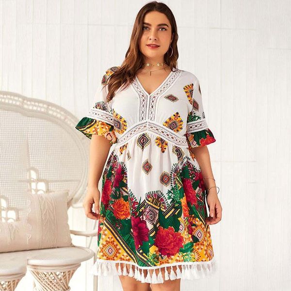 

beach oversized dress women 2020 summer short party dress female plus size boho ladies tassel v-neck flower dresses 4xl, Black;gray