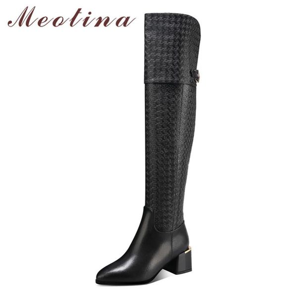 

meotina winter thigh high boots women genuine leather chunky high heel over the knee boots slim zipper shoes lady big size 33-43, Black