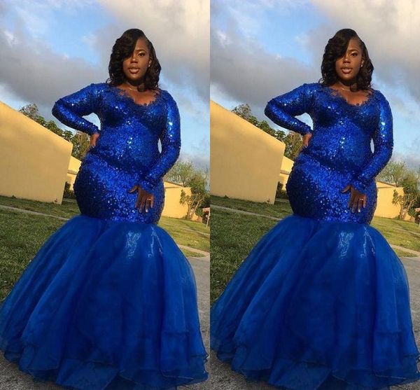 

sparkly royal blue sequin plus size special occasion dresses evening formal gowns long sleeves applique mermaid party prom dresses cheap, Black