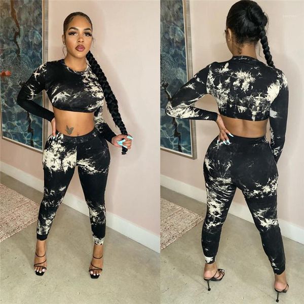 

ladies designer suits tie dye printed skinny long sleeve hollow out tshirt suits womens clothing 2 piece set dropshipping fashion autumn, White