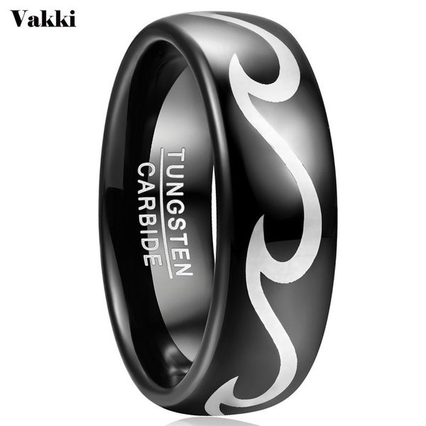 

wedding rings vakki 8mm men's ring band engagement black tungsten steel laser wave pattern carbide, Slivery;golden