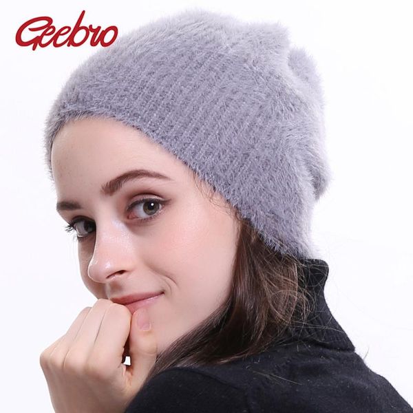 

geebro women's wool beanie hat winter warm fur slouchy beanie for women casual plain balaclava skullies beanies for female, Blue;gray